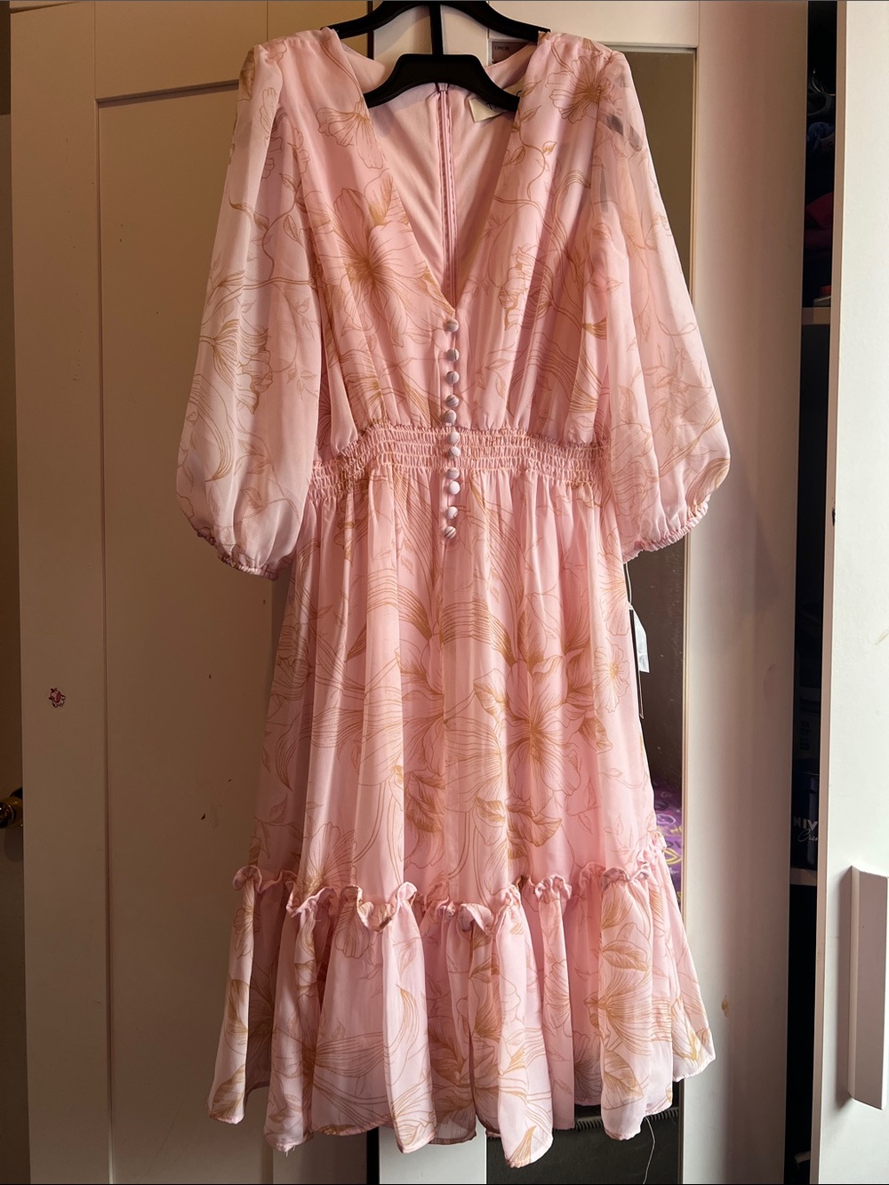 Taylor Pink and Gold Floral Puff-Sleeve Dress